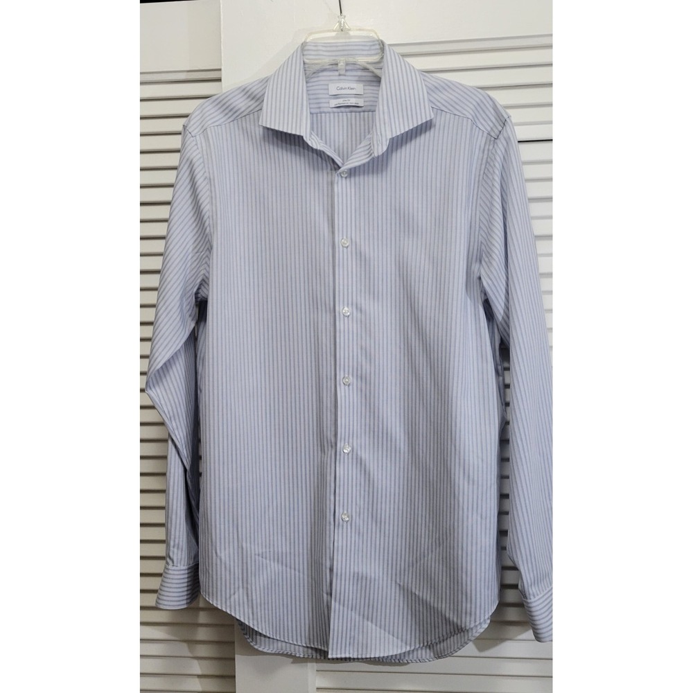 Slim Fit Blue Striped Long Sleeve Men's Dress Shirt 16 Calvin Klein